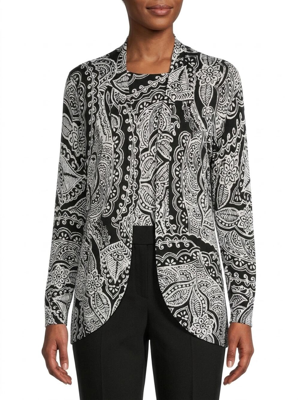 New Directions Black Open Knit Cardigan Paisley Sweater Women Size PL